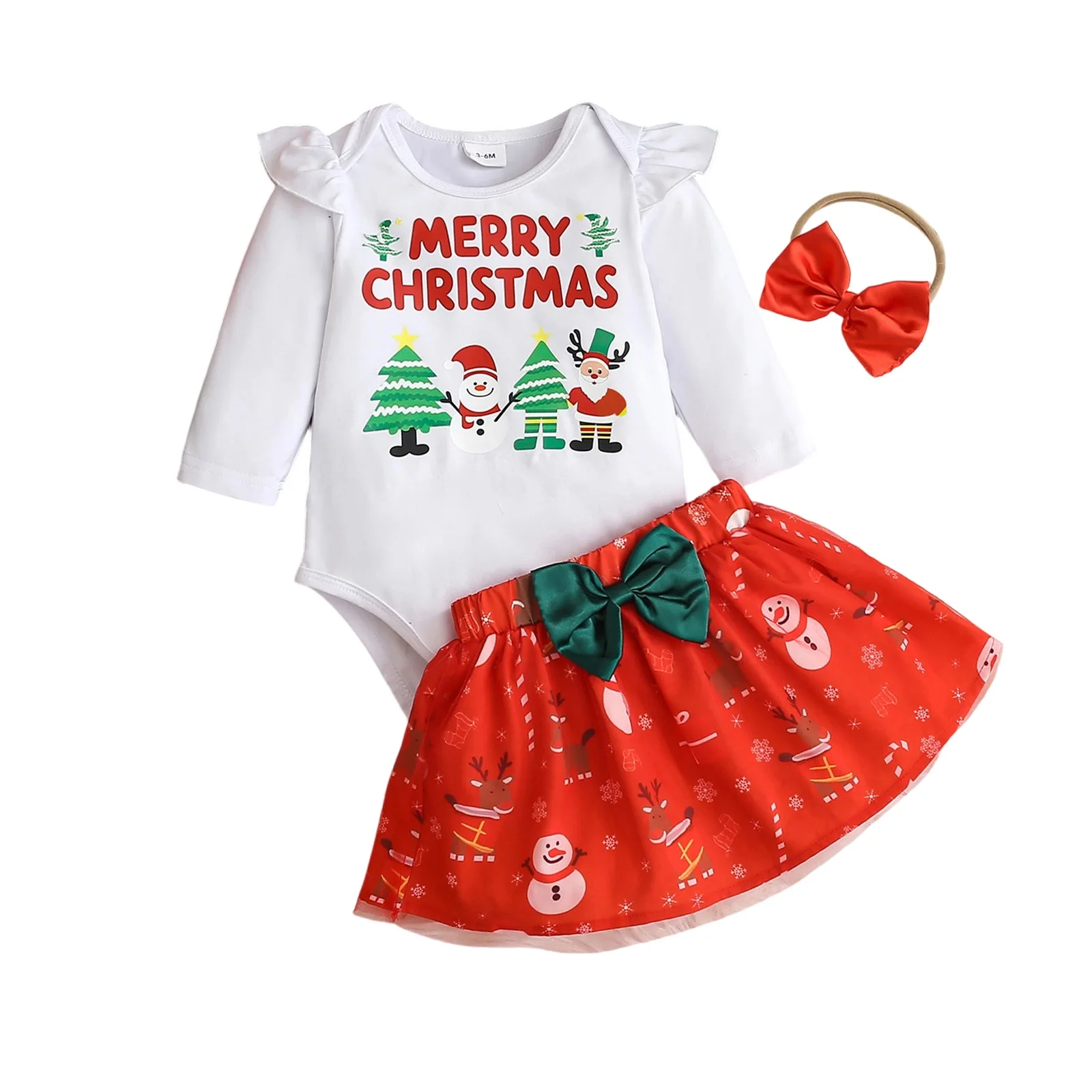

Baby Girl Christmas Outfit Long Sleeve Romper Bow Front Skirt Headband Set Newborn Clothes