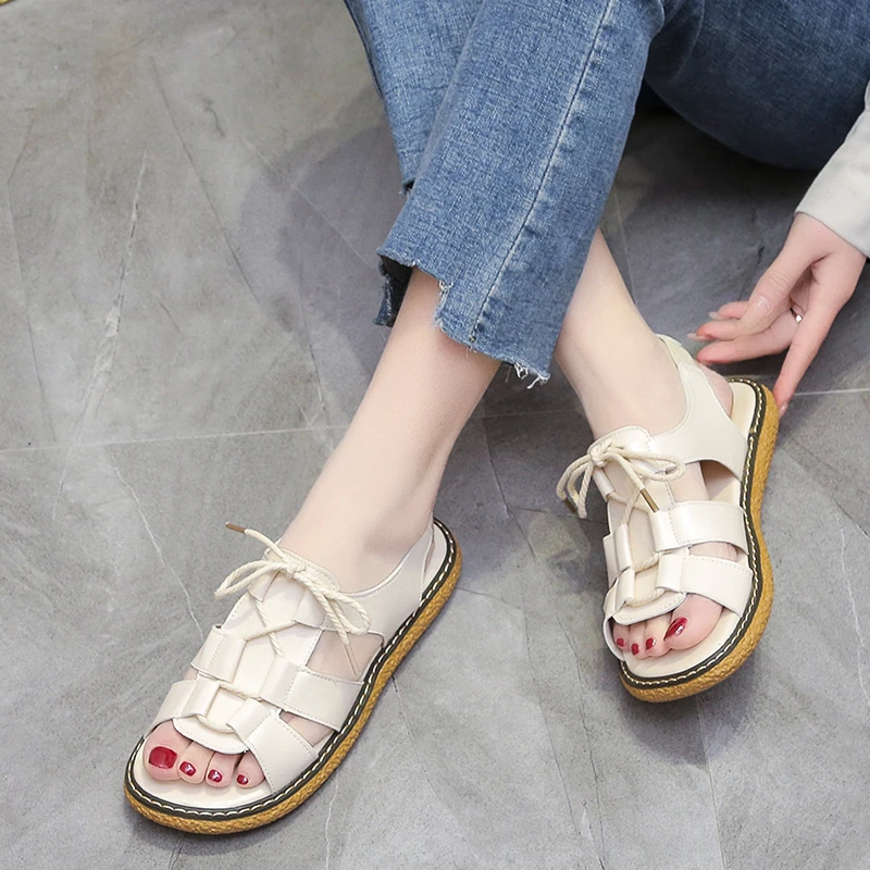 2023 Fashion Summer New Round Head Cross Lacing Solid Color Sexy Sandals for Women's Open Toe Comfortable Flat Sandals for Women