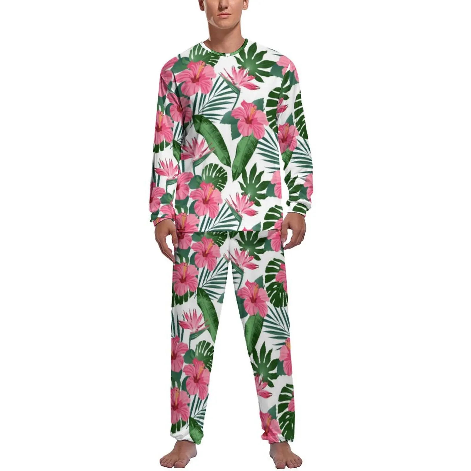 

Tropical Leaves Pajamas Winter 2 Pieces Hibiscus Flower Print Fashion Pajama Sets Male Long-Sleeve Room Custom Nightwear