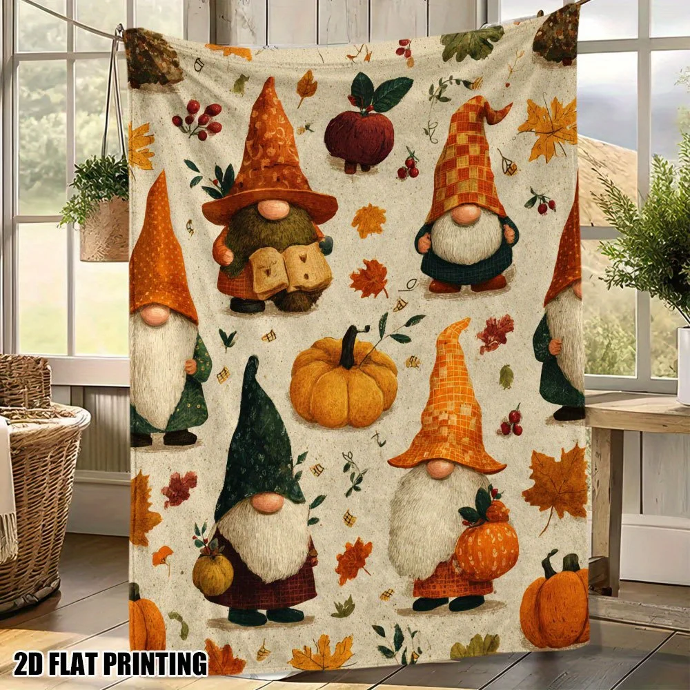 1pc Warm Thanksgiving Gnomes Printed Flannel Throw Blanket - Suitable for Bed, Sofa, Floor, and Office - The Perfect Comfortable Experience for All Seasons
