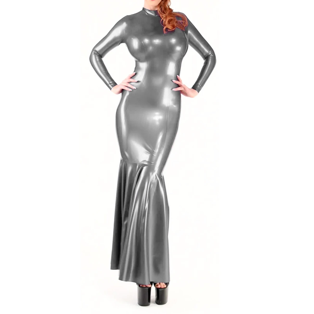 

Metallic Silver Sexy Fishtail Latex Sheath Gown With Long Sleeves Floor Length Rubber Trumpet Dress Bodycon Playsuit 111