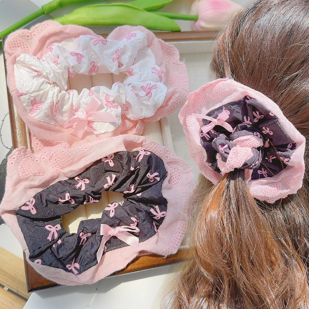 Korean Style Sweet Pink Bow Pink Lace Large Intestine Hair Bands for Female High-Grade Large Hair Rope Headwear Hair Accessories