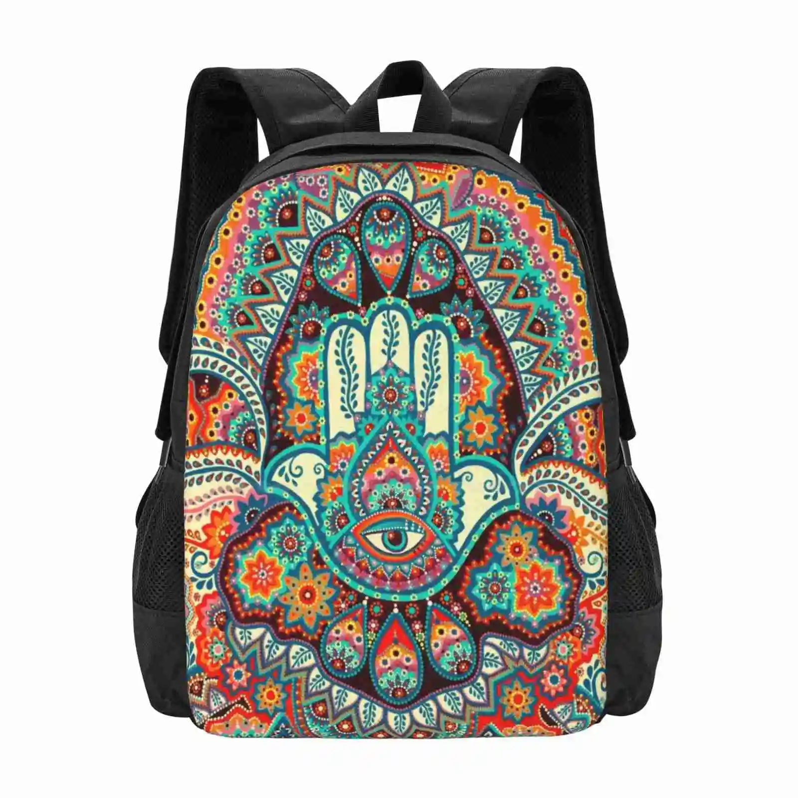 Hamsa Hand Backpack For Student School Laptop Travel Bag Hamsa Hand Healing Dot Art Mandala Flower Meditate Zen Boho Bohemian