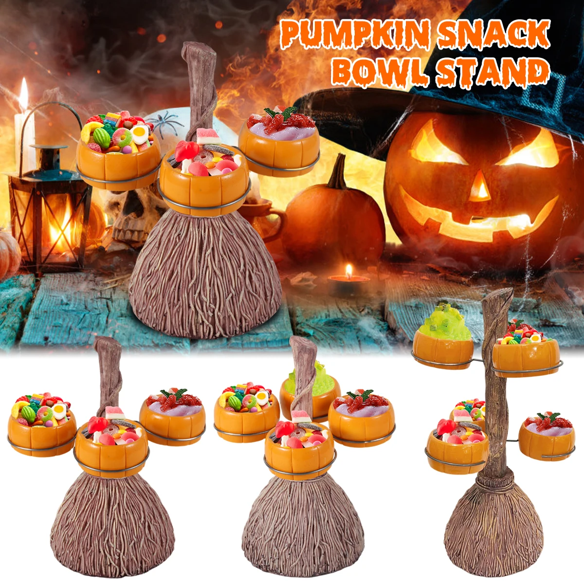 

Pumpkin Bowl Stand Broom Pumpkin Snack Plates Rack Halloween Witches Broom Dessert Display Tray with 3/4/6 Bowls Halloween Party