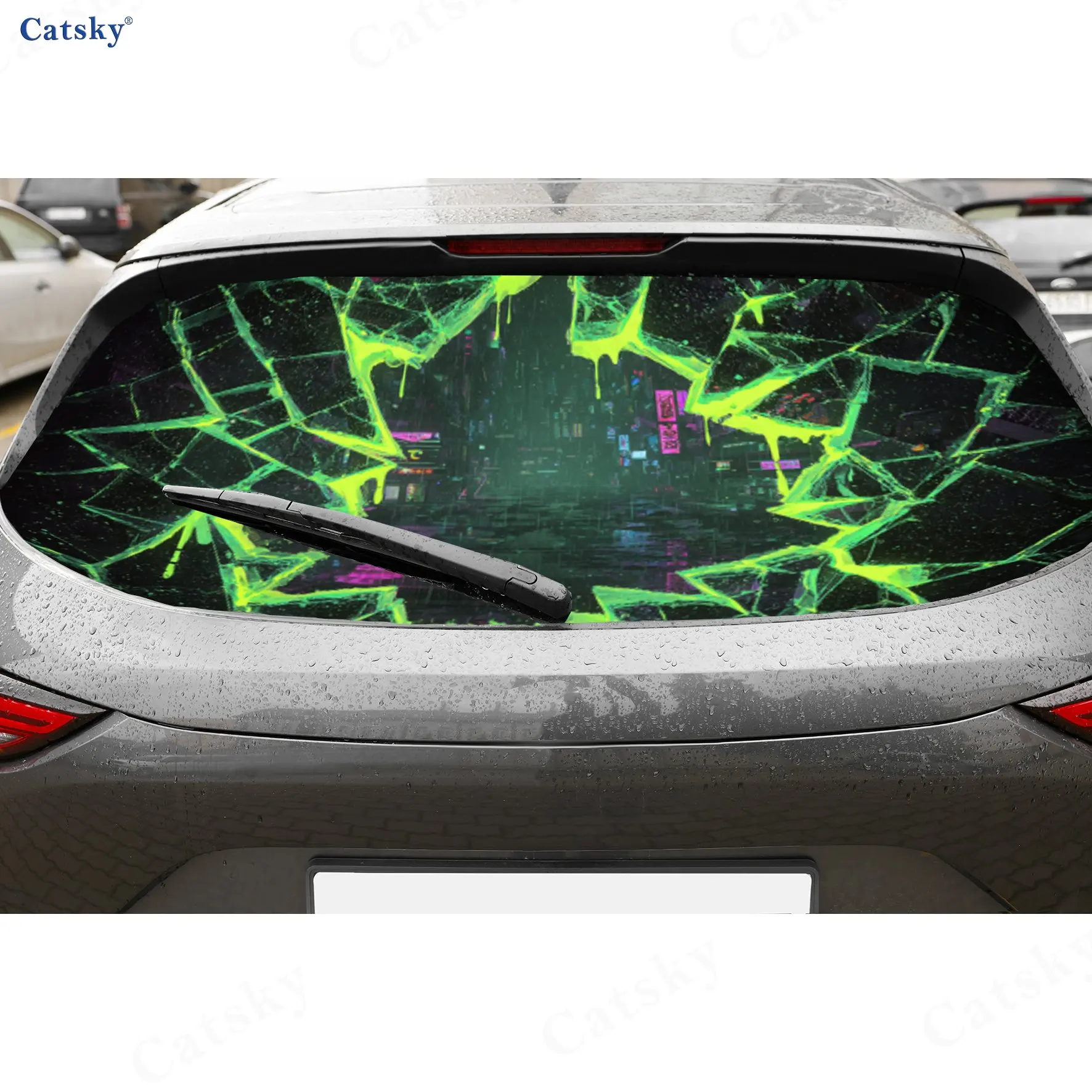 Neon Rainy Cyber Cityscape PVC Perforated Car Rear Window Vinyl Wraps, Durable Waterproof Car Rear Windshield Sticker