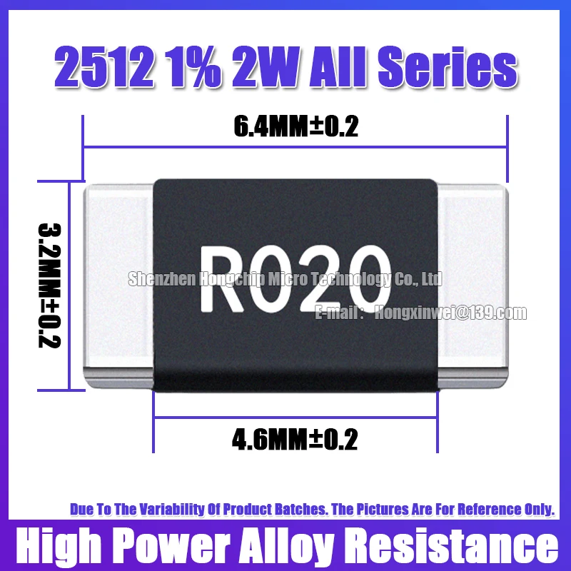 Résistance en alliage haute puissance, 2512, 1%, 2W, 12mR, R012, 0.12Ohms, poignées, courant protected, 6,4x3,2mm,-55 ~ + 170 ℃, 20 pièces