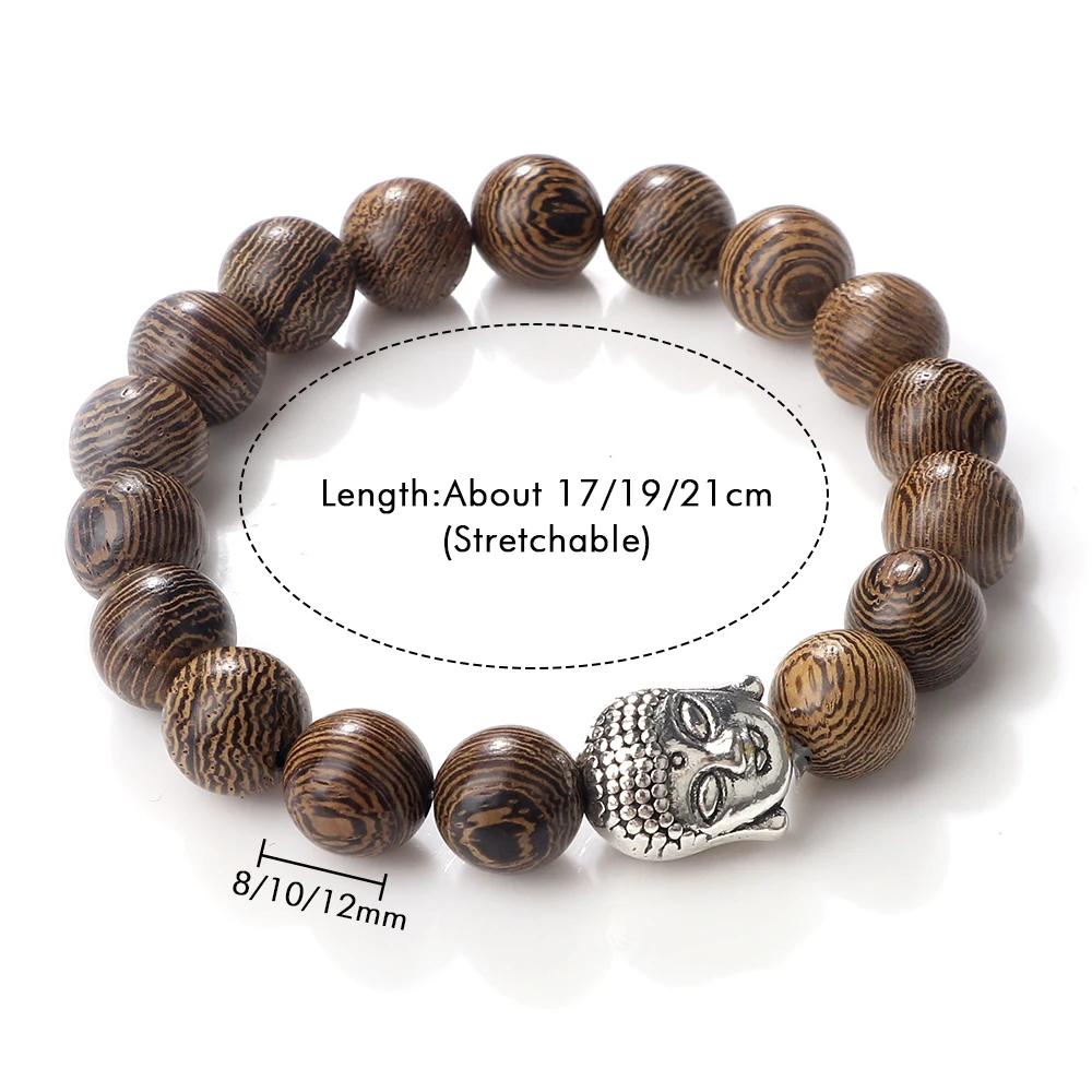 Vintage 8 10 12mm Wooden Beads Bracelet Charm Buddha Head Prayer Stretch Bangles Men Buddhist Bracelets Women Yoga Wrist Jewelry