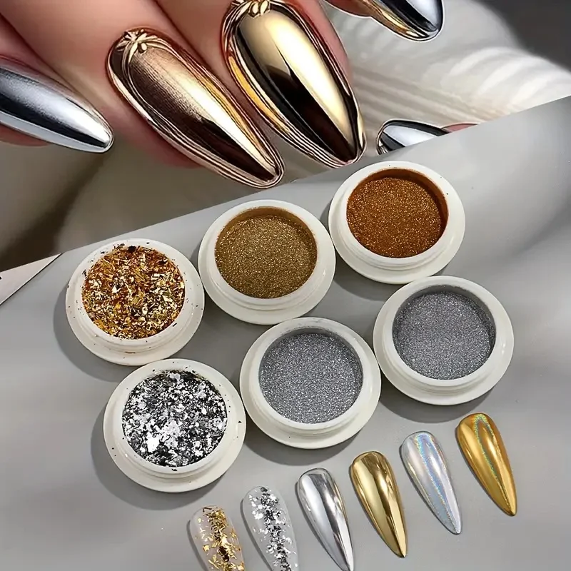 Gold Silber Metall Chrom Spiegel Nagelpulver, Laser-Glitzerfolie mit unregelmäßigen Stücken, mehrfarbiger magischer Spiegeleffekt, Oxid Ti