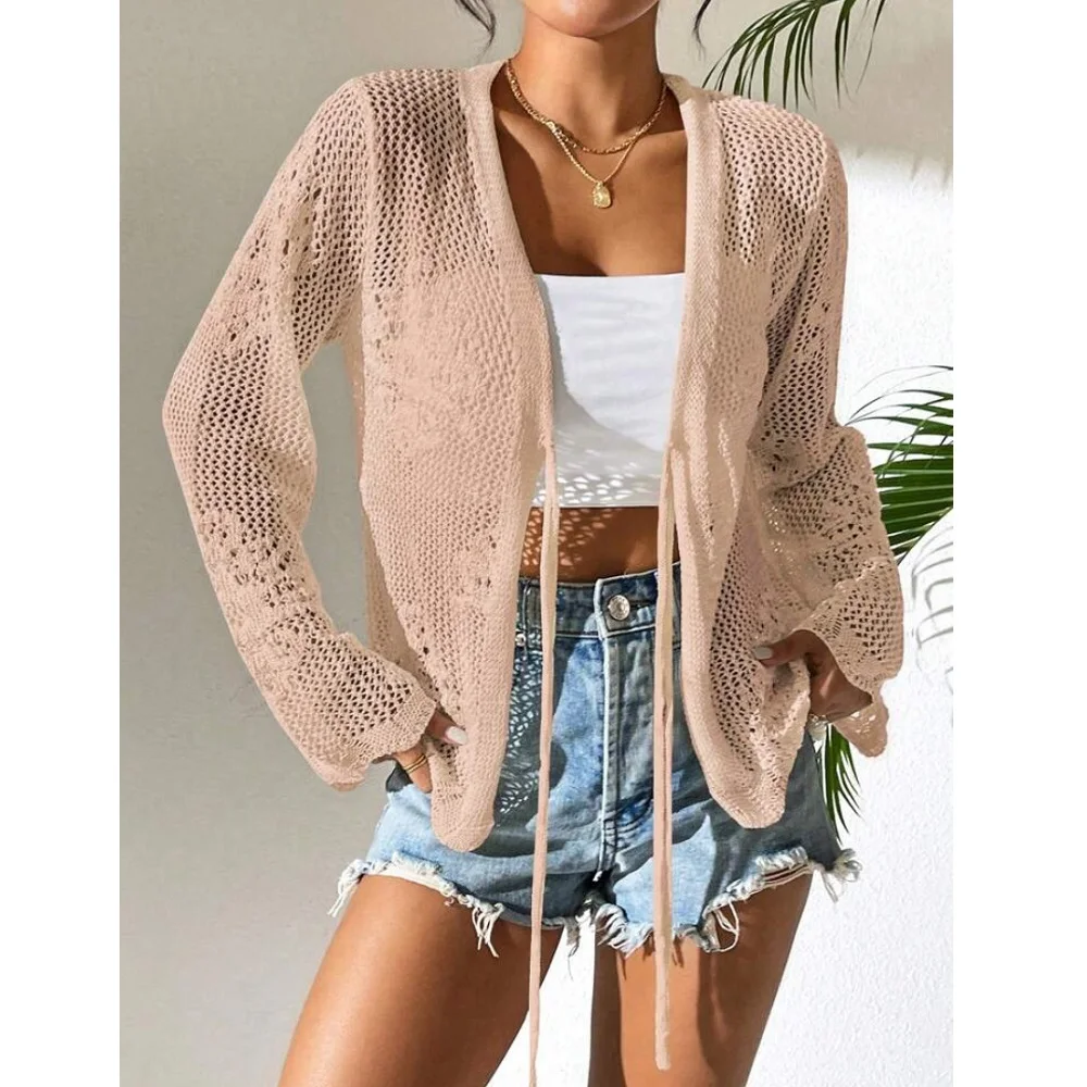 

Women Summer Spring Hollow Out Knitted Cardigans Sweaters Ladies Beach Long Sleeve Cover Up Tops