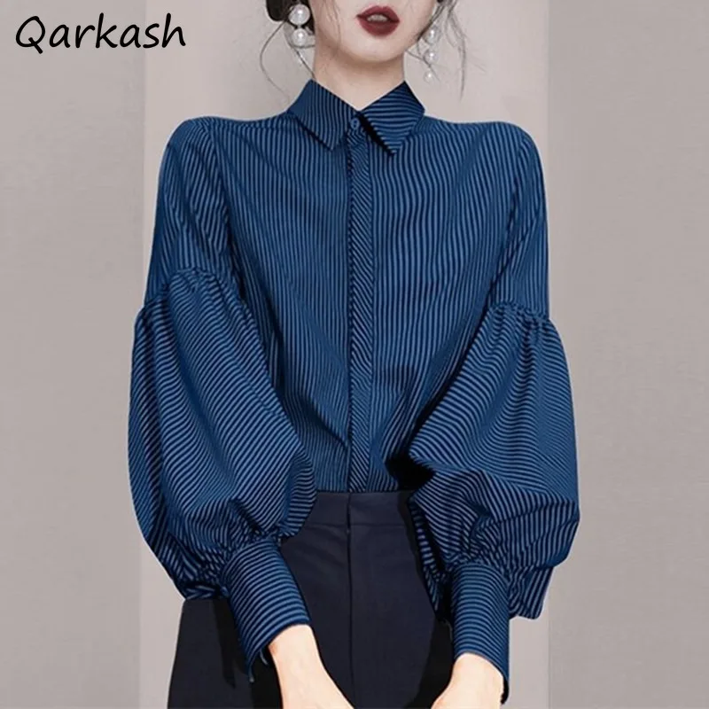 Shirts Women Vintage Striped Long Lantern Sleeve Design All-match Minority Temperament Autumn Winter Tops Elegant  Female