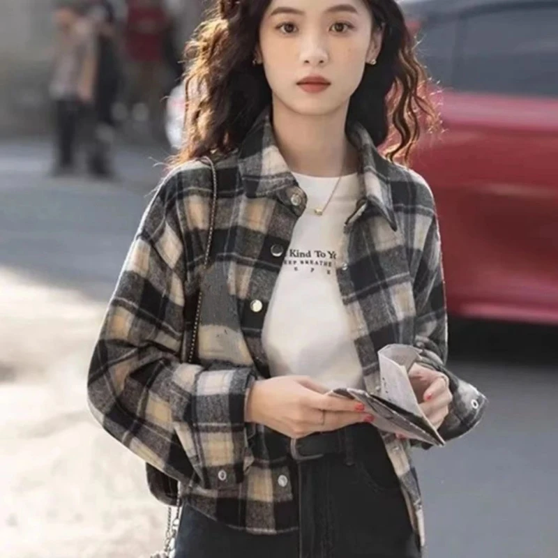 

Women Clothes Vintage Plaid Loose Short Blouse Spring Autumn New Neck Long Sleeve Trend All-match Shirt Tops Fashion Casual