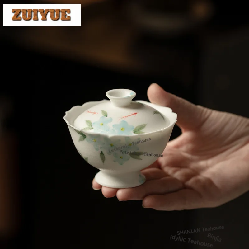 

130ml Hand-painted Blue Flowers Gaiwan Handmade Tea Tureen Tea Bowl With Lid Kit Tea Maker Cover Bowl Teaware Decoration Craft