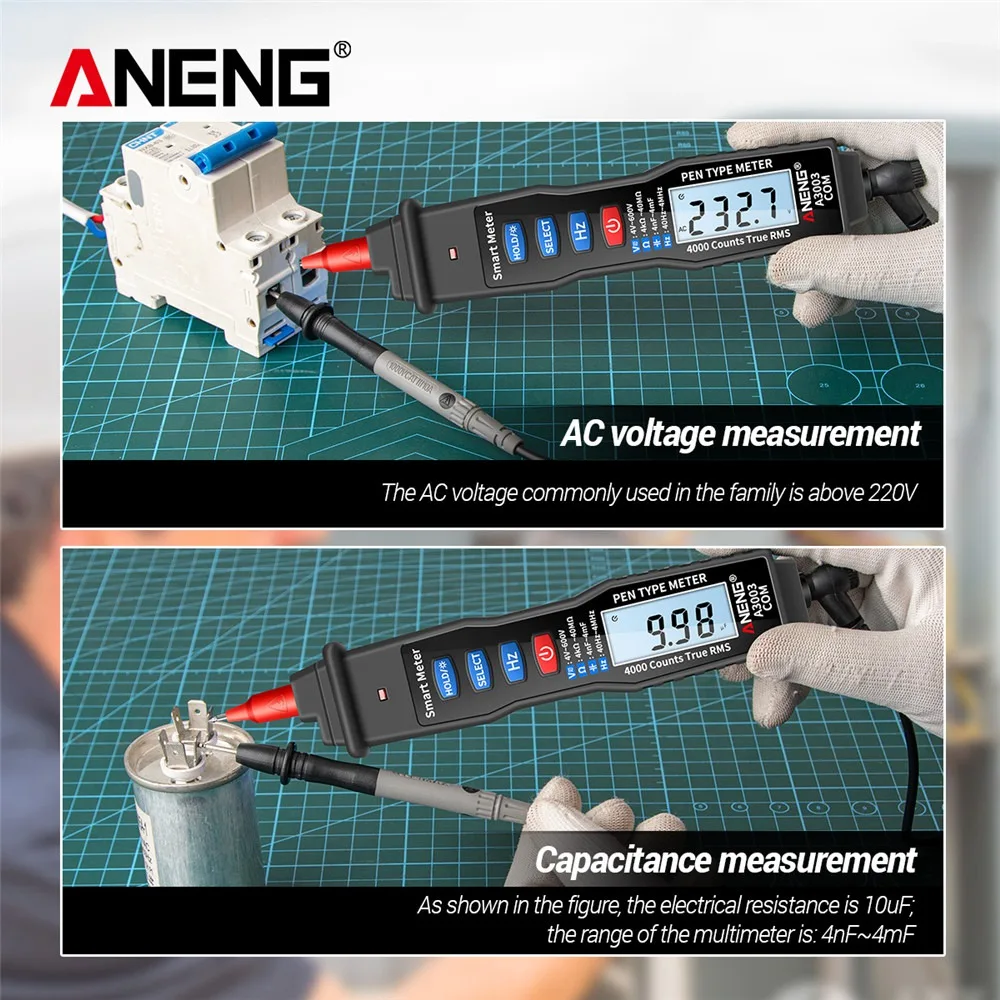 ANENG-multímetro Digital A3003, medidor tipo bolígrafo, 4000 recuentos, sin contacto, CA/CC, resistencia de voltaje, capacitancia Hz, herramienta de prueba, negro