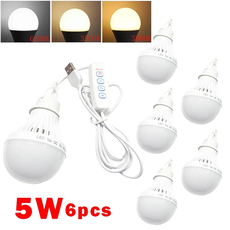 Camping LED Light 5W Usb Emergency Bulb 3-color Dimmable Hanging Tent Light Barbecue Fishing Repair Outdoor Equipment