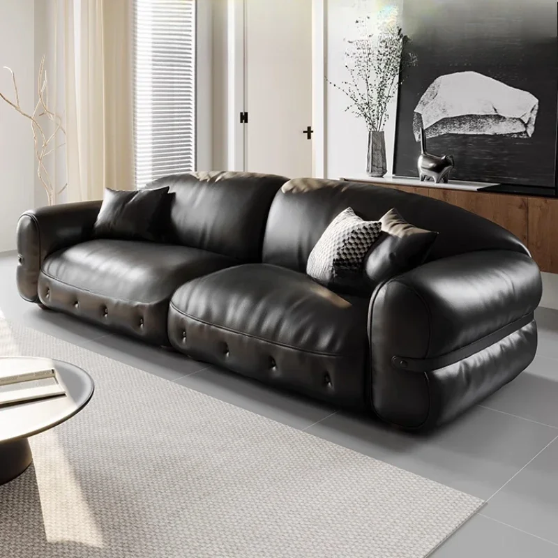 

Leather sofa living room small apartment Italian minimalist black three-person straight sofa