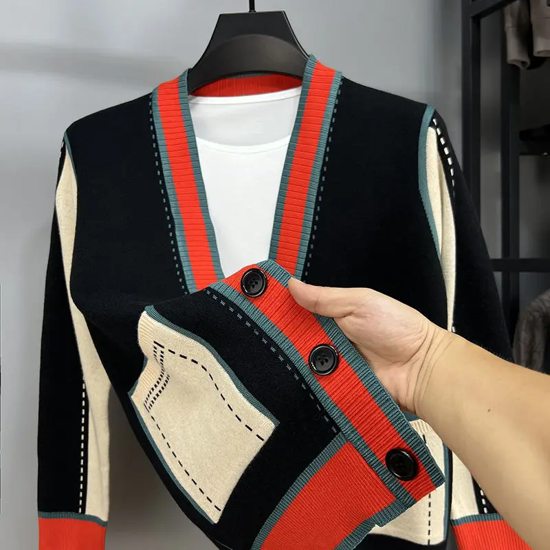 

Men's knitted sweater splicing contrasting color sweater jacket spring and autumn trend fashion casual thin