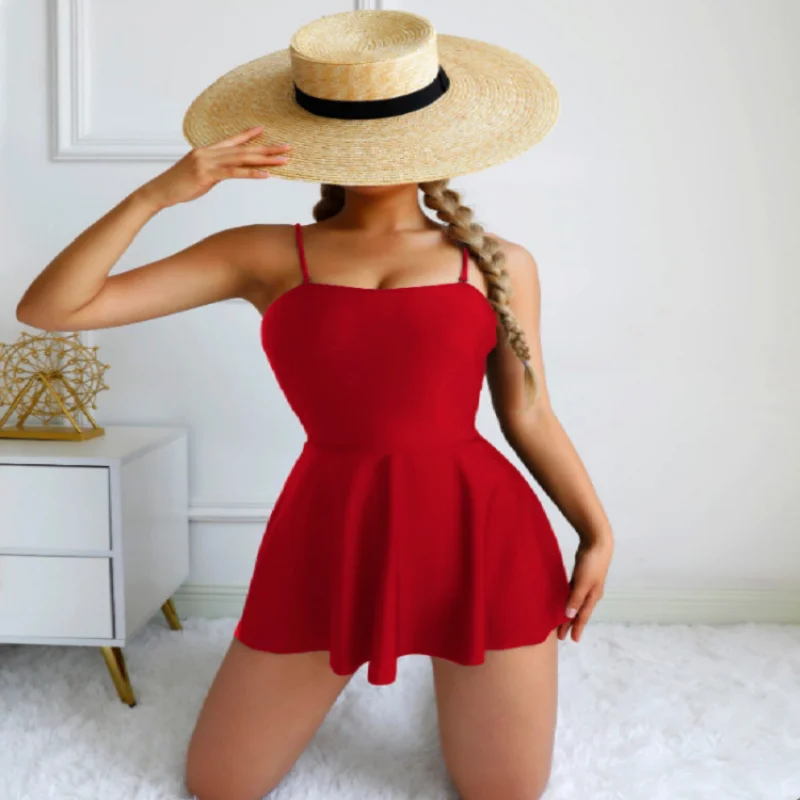 2024New Solid Color Sexy Sling Swimming Dress Conservative Beach Swimming Two-Piece Bikini Swimsuit Swimwear Women