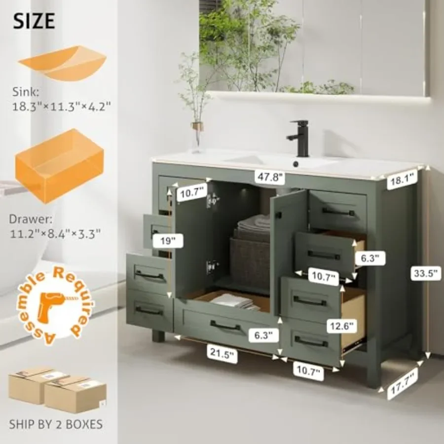 48 Bathroom Vanities with Sink Combo for Modern Bathrooms, Thickened Wood Cabinet in Gray Green, White Undermount Sink, Matte B