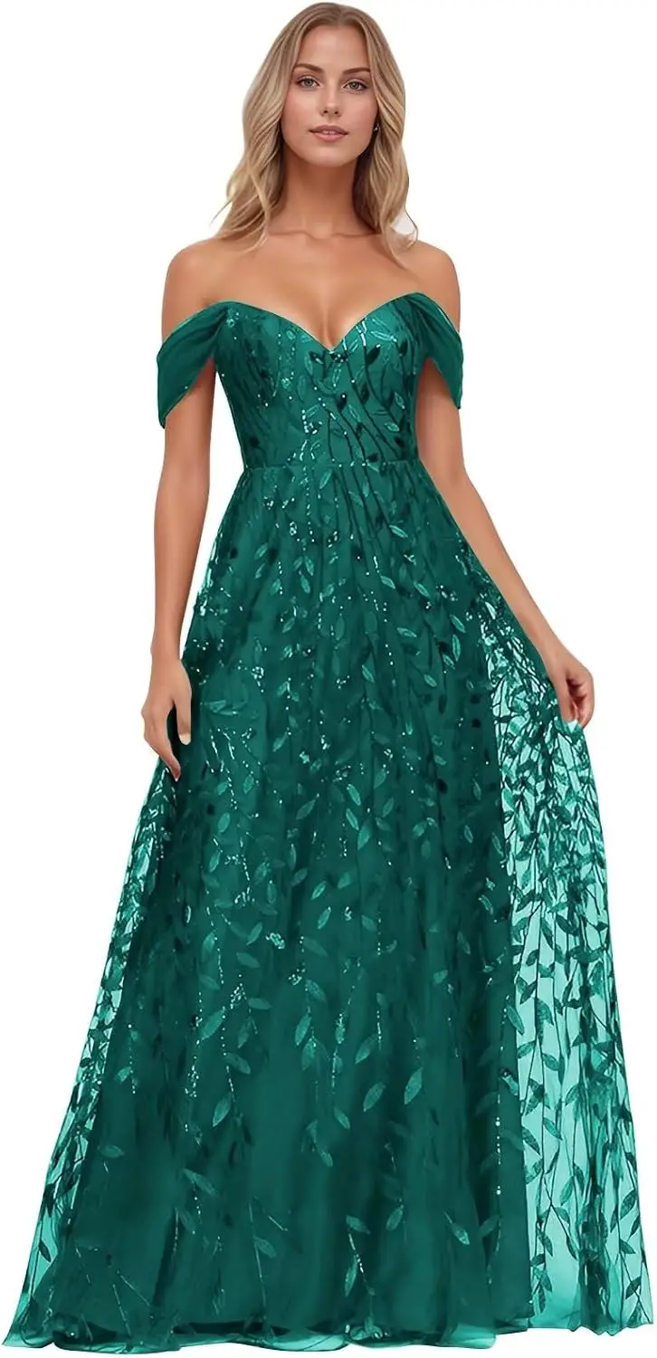 

V-neck Off The Shoulder Sequin Prom Dress for Women Long Tulle A Line Formal Dress Lace Party Gown Evening Gown Luxury Dress
