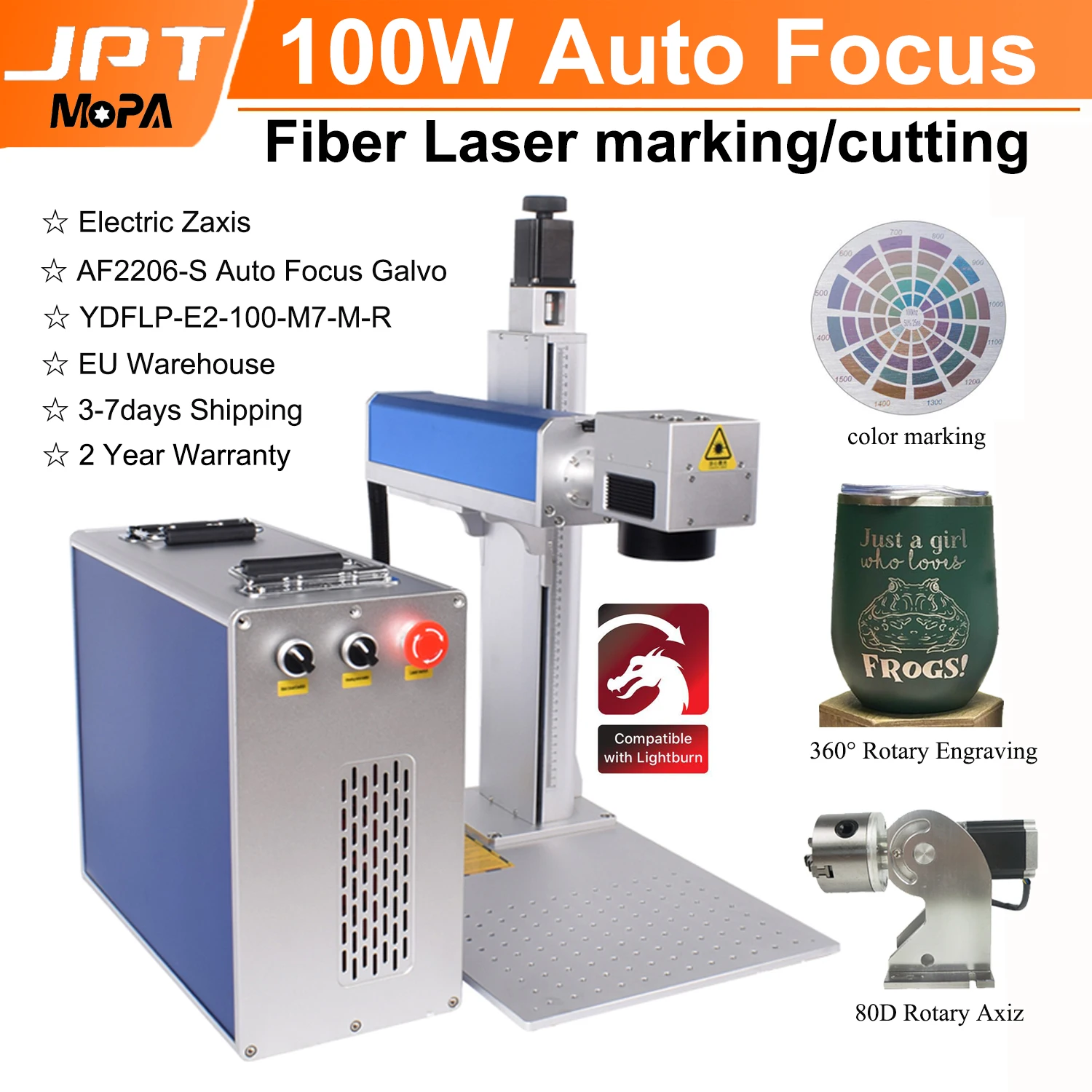 JPT Mopa 100W Fiber Laser Marking Machine Auto Focus Electric Lifting Engraver for Cutting Engraving Jewelry Silver Gold Metal