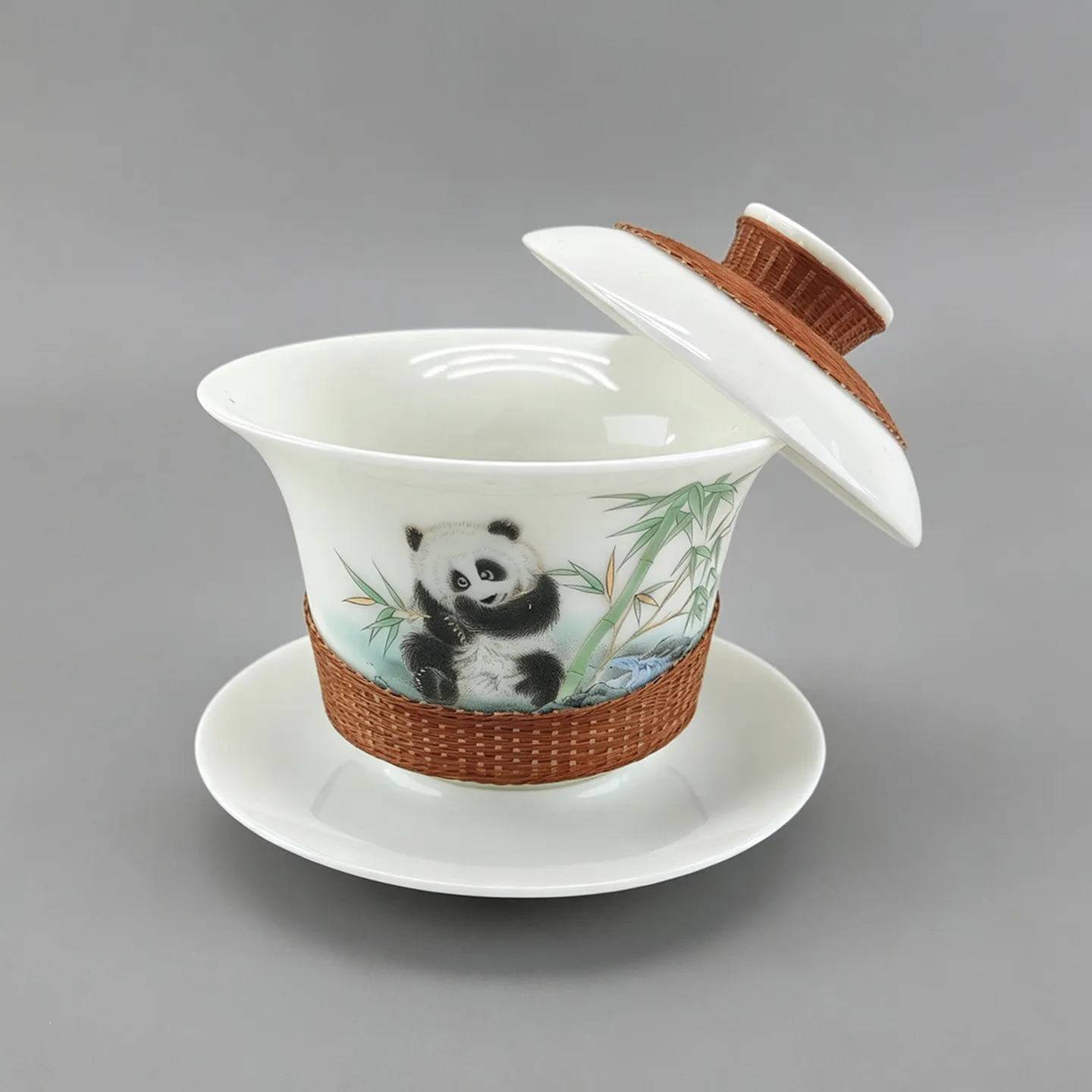Chinese Panda Bamboo Woven Porcelain Gaiwan Set, Rotatable Suspension Lid Kung Fu Tea Cup with Gift Box