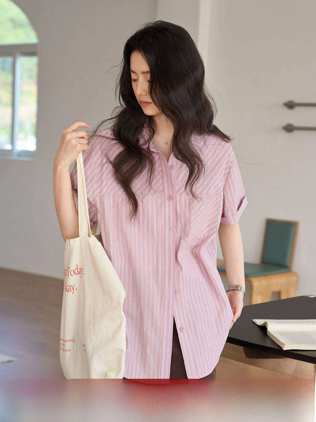 

Mozao Pink Striped Collar Loose Fit Casual Shirt Women's Summer New Style Slimming Short Sleeve Cotton Commute Wind
