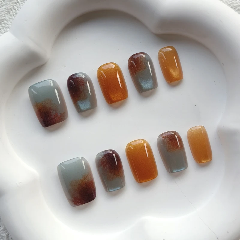 10Pcs Short Square Fake Nails Blue Brown Patchwork French False Nails Designs Full Coverage Waterproof Artificial Press on Nails image 4