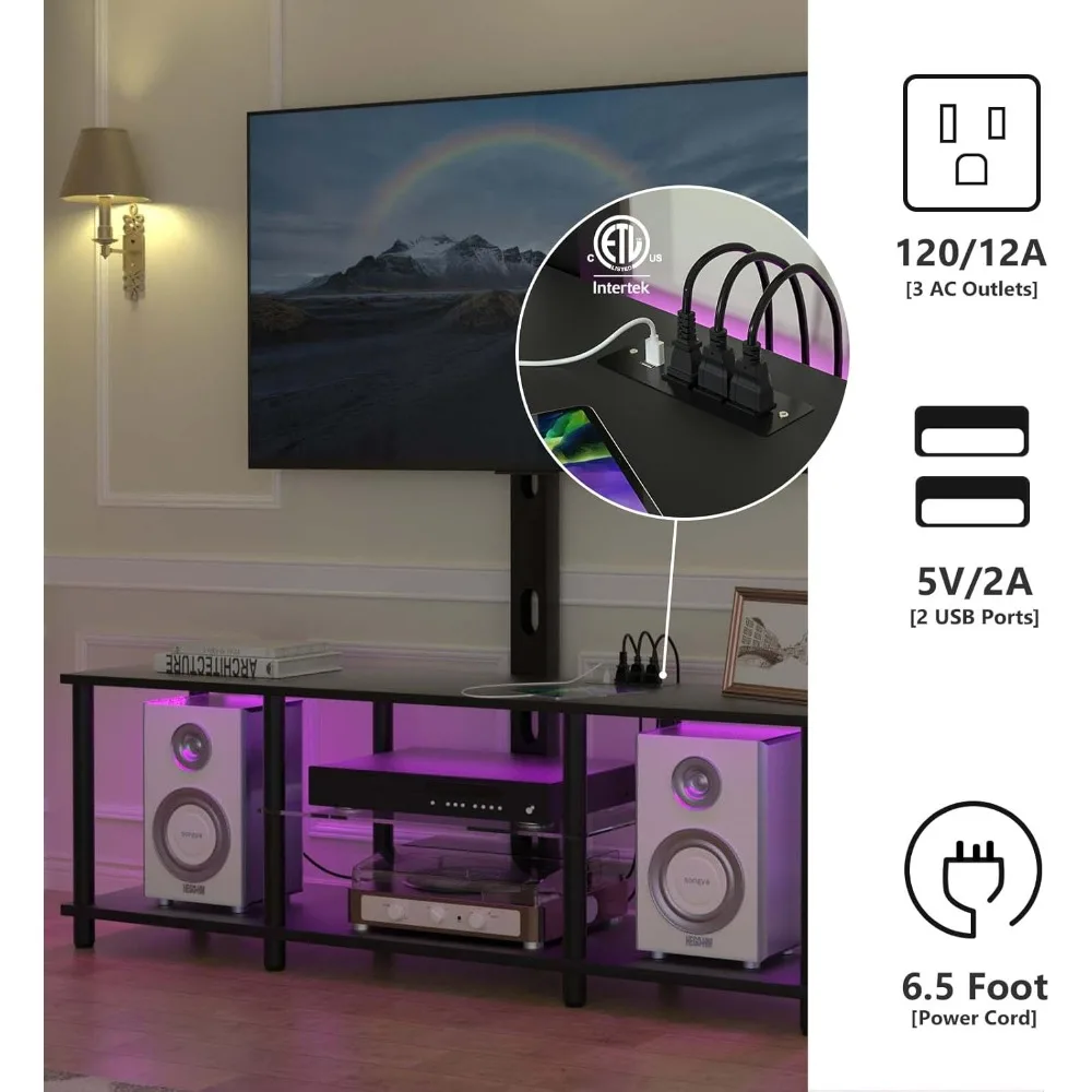 Centro de entretenimento preto com luzes LED e tomadas de energia para TVs de 32 a 70 polegadas
