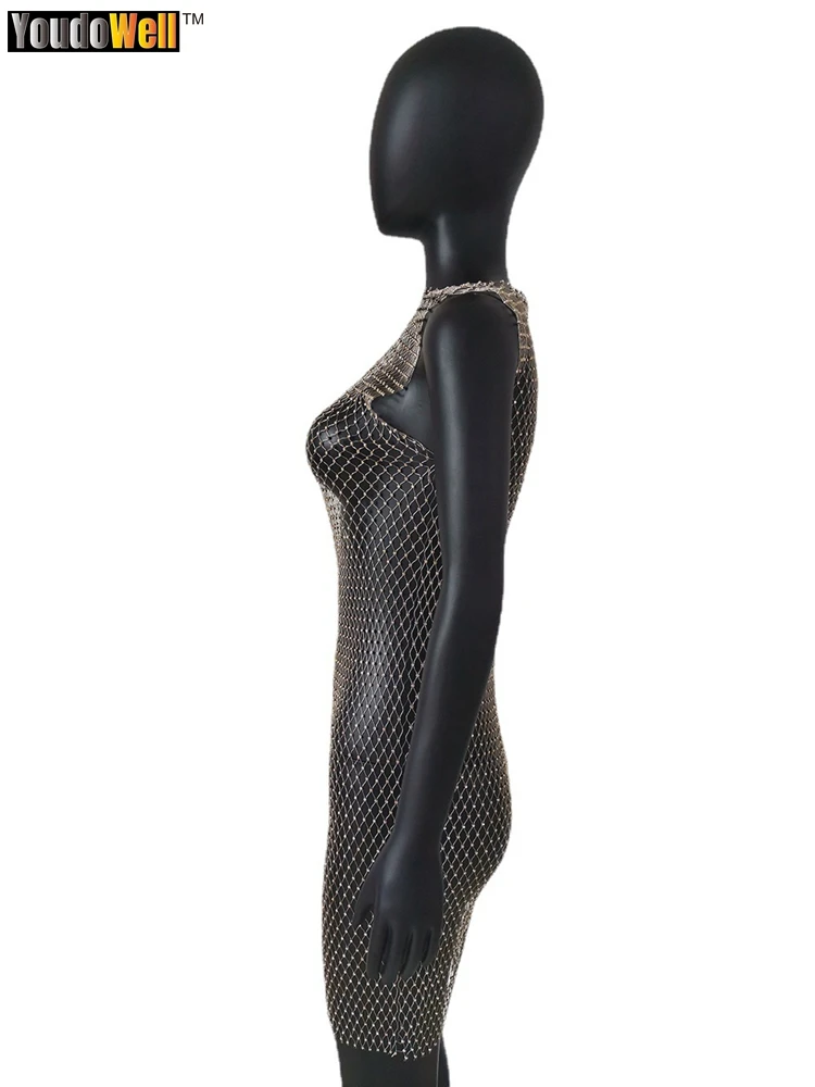 Spice Girls Custom Diamond Fishnet Mesh Cut Elastic Rhinestone Dress Beach Short Sleeve Hollow Out