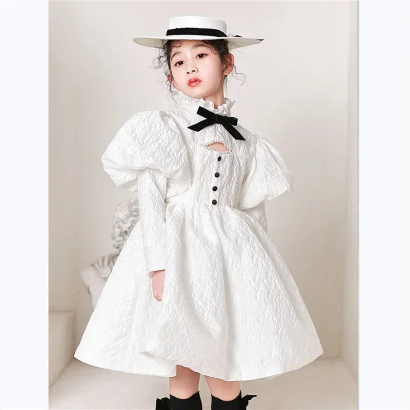 2026 New White Girls Princess Dress Elegant Retro Piano Wear Party Outfit Simple Stage Performance Gown, Kids Formal Occasion