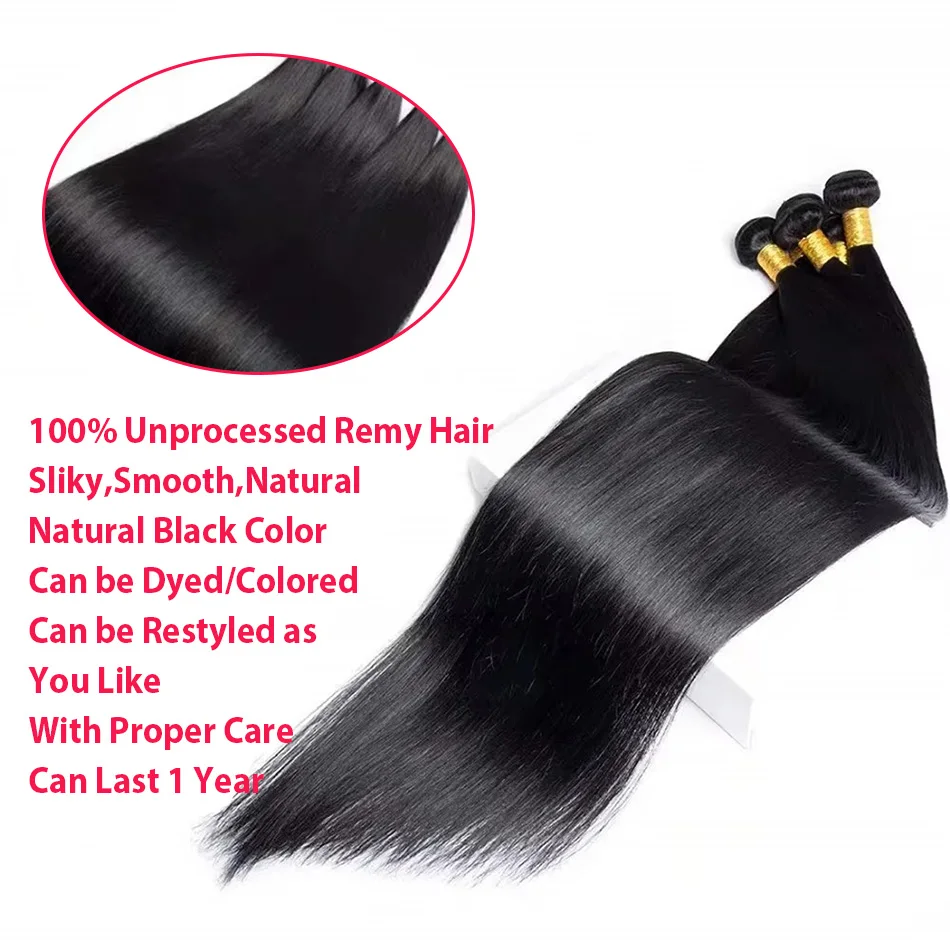 Hair Straight Human Hair Bundles Deal Brazilian Remy Hair 28 30 32 40 Inch Lace Closure 100% Natural Black Extensions For Women