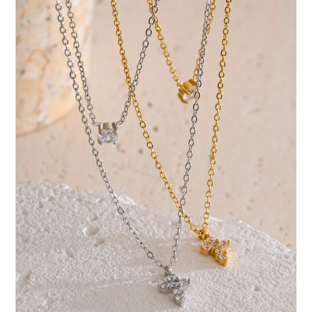 Yhpup High Quality Double-Layer Chain Zirconia Cross Pendant Delicate Necklace Stainless Steel Temperament Fashion Gift Jewelry