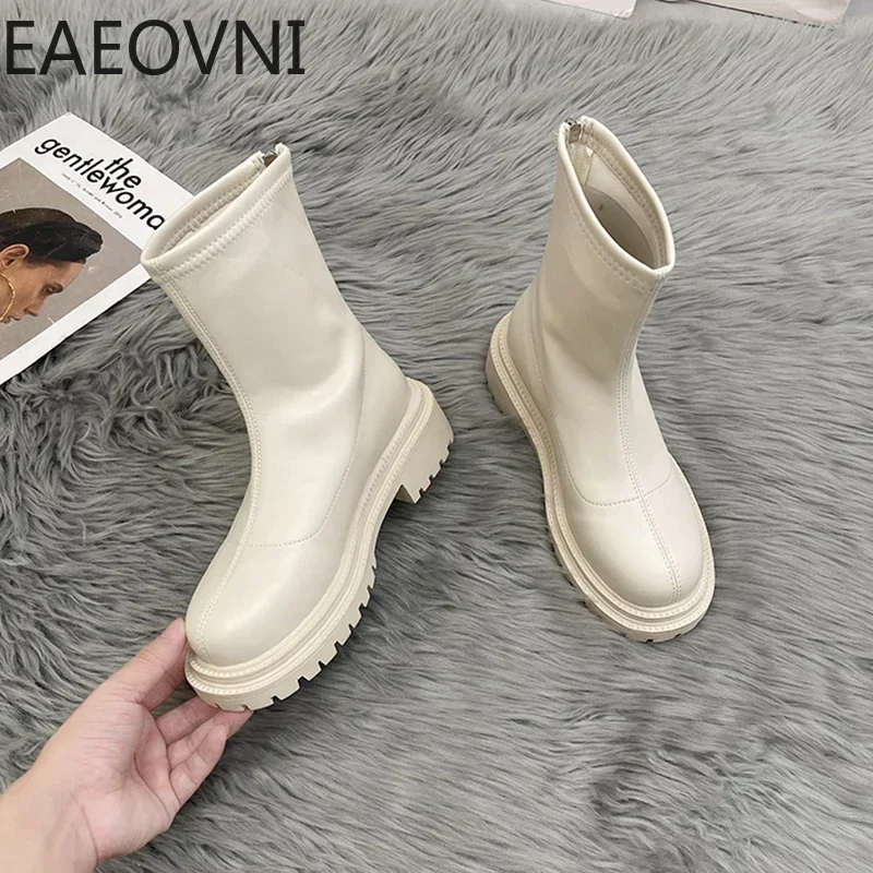 Botas largas de piel sintética para mujer, Botines de tacón plano con cremallera, antideslizantes, hasta la rodilla, otoño e invierno, 2024