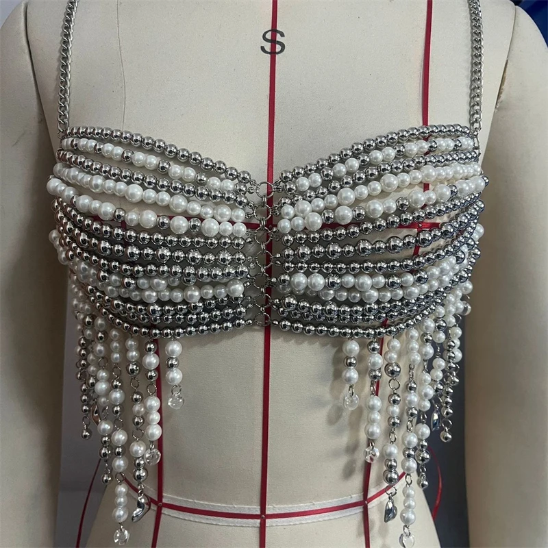Damen-T-Shirt mit Perlen-Strass-Körperkette, sexy Neckholder-Crop-Top mit Perlen, Brustkette für Nachtclub, Party, Strand, Damen-Top – Detail 7