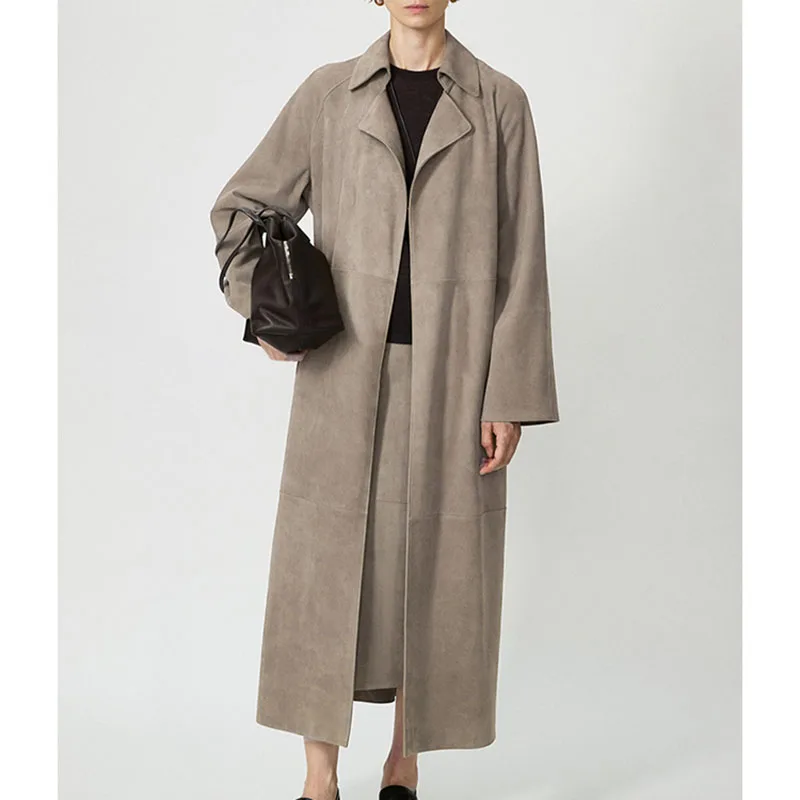 Women's Genuine Leather Jacket Imported Kid Suede Lace-Up Bathrobe Style Simple Fashion Gray Long Trench Coat Chaquetas De Mujer