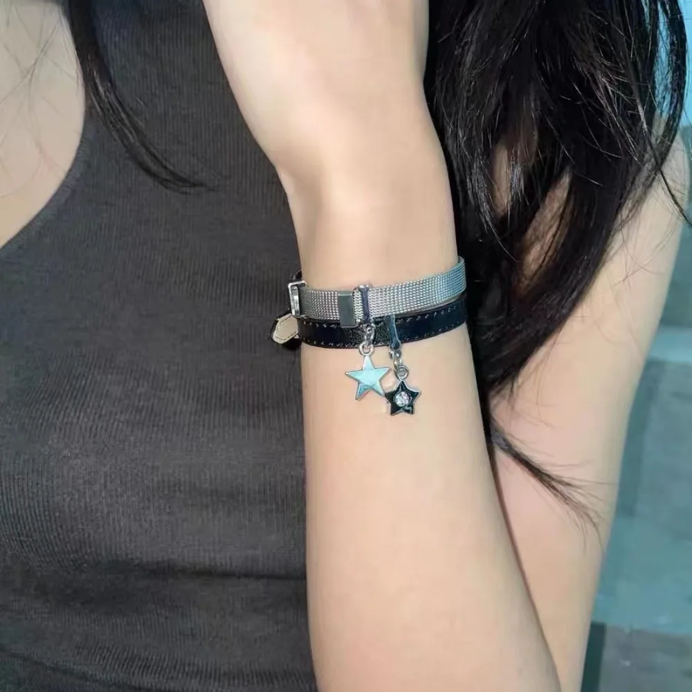 Y2k Sliver Color Star Zircon Pendant Black Leather Stainless Steel Adjustable Fold Wear Couple Bracelets for Women Men Jewelry