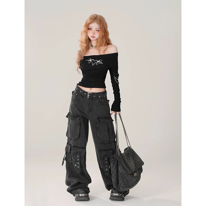Women Y2k Japanese Streetwear Design Cargo Pants Denim Pants Long