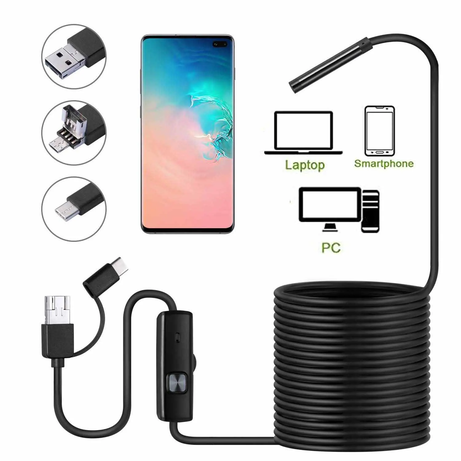 

5,5 мм 3 в 1 Android эндоскоп USB/Micro USB/Type-C IP67 Водонепроницаемый Может фотографировать Запись видео Зонд для обслуживания автомобиля для ПК