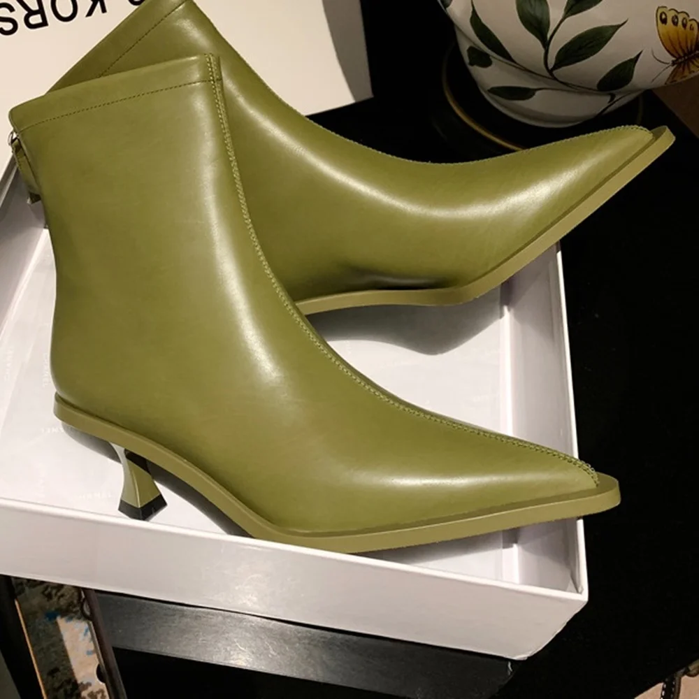 

Green Genuine Leather Pointed Ladies Chelsea Boots 2025 New Elegant Stiletto Short Boots Fashion Sexy Zipper Casual Ankle Boots