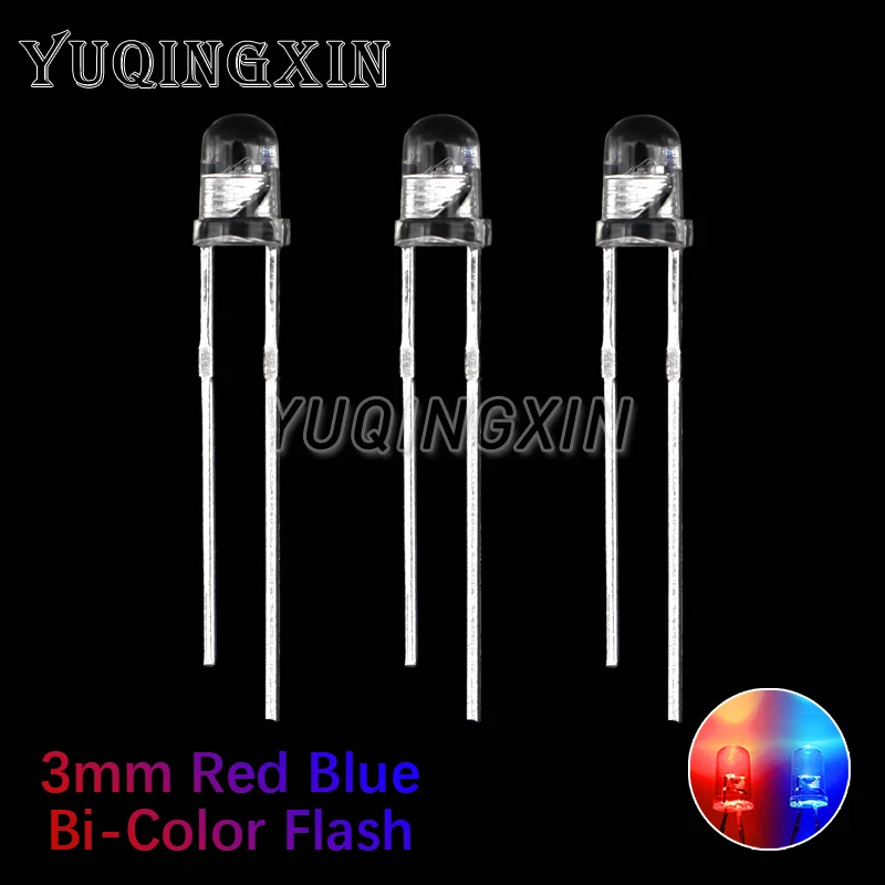 50pcs F3 3mm Flash Red Blue Bi-Color Light-Emitting-Diode Automatic Flashing LED Flash Control Blinking 3 mm LED Diode DIY