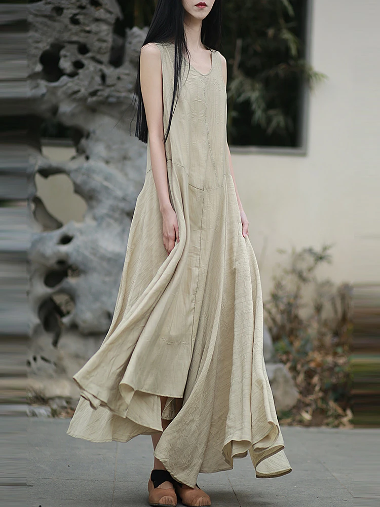 المرأة فستان طويل غير رسمي جديد 2025 الصيف خمر الخامس الرقبة بلون فضفاض مريح الإناث أكمام فساتين عطلة T591 #2