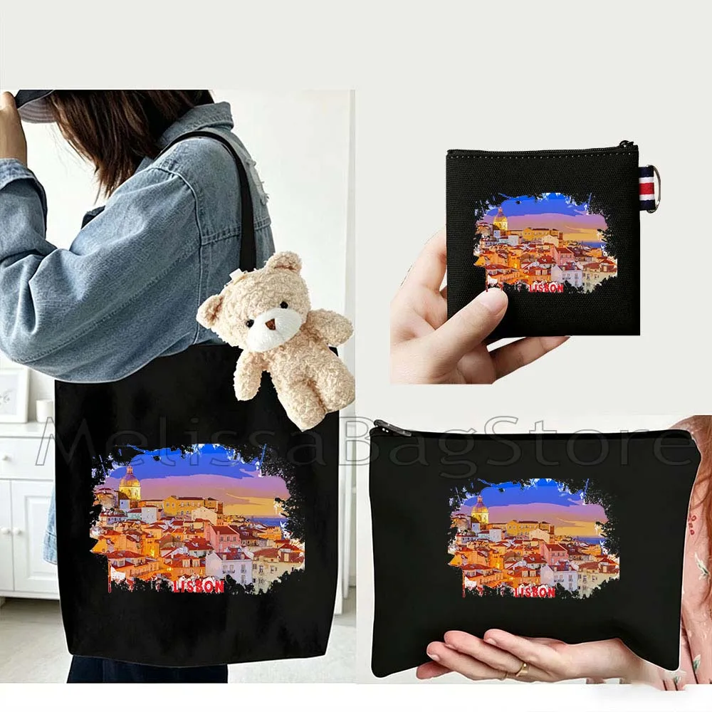 

4PCS Gifts Set lisbon Portugal White Canvas Tote Bag Handbag with Doll Key Coin Purse Cosmetic Makeup Toilet Bag Case Pouch