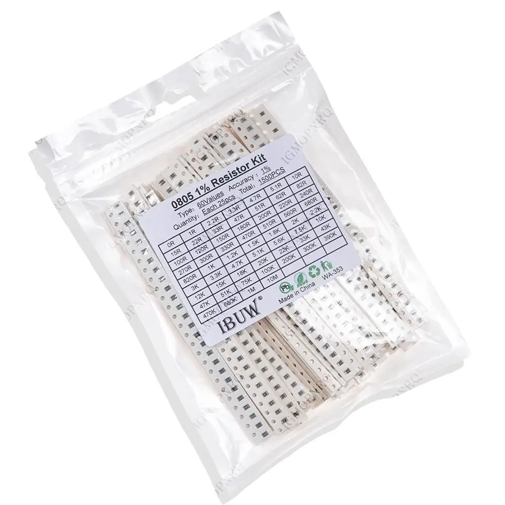 1500 Pcs SMD 0805 Resistors Assorted Set (60 Values x 25 Pcs) 0ohm - 10M Ohm 1/8 Watt 1% High Precision Film Chip Resistance Kit