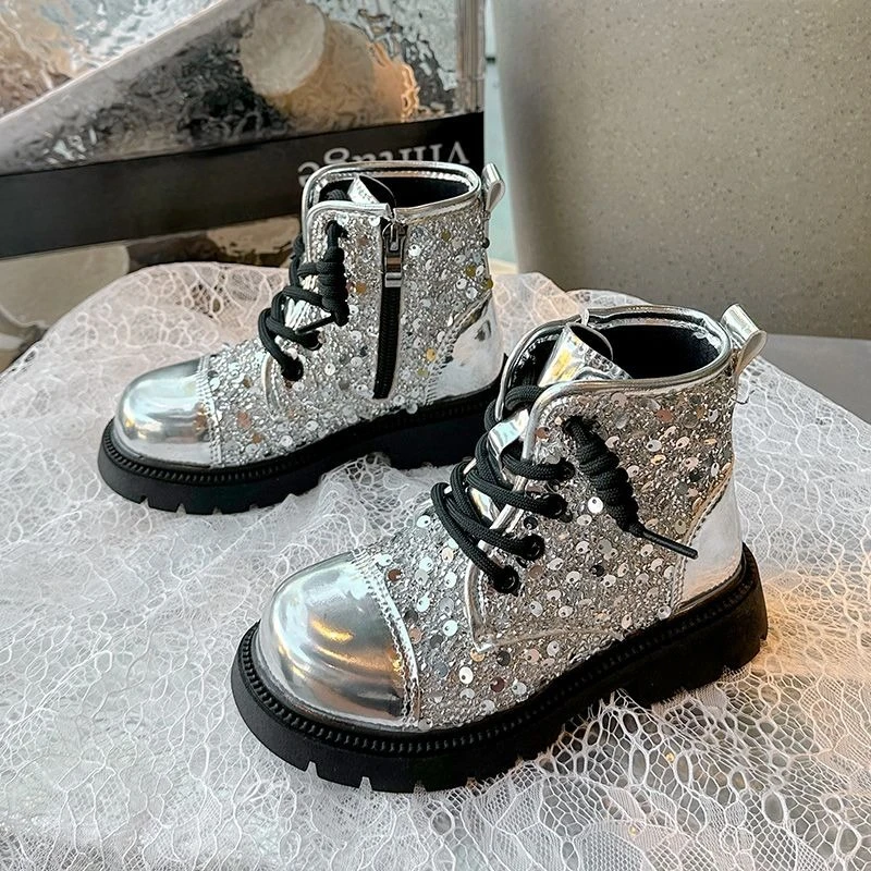 

Girls Ankle Boots 2026 Spring Autumn New Thin Leather Fashion Trendy Style Sequins Boots Kids Shoes