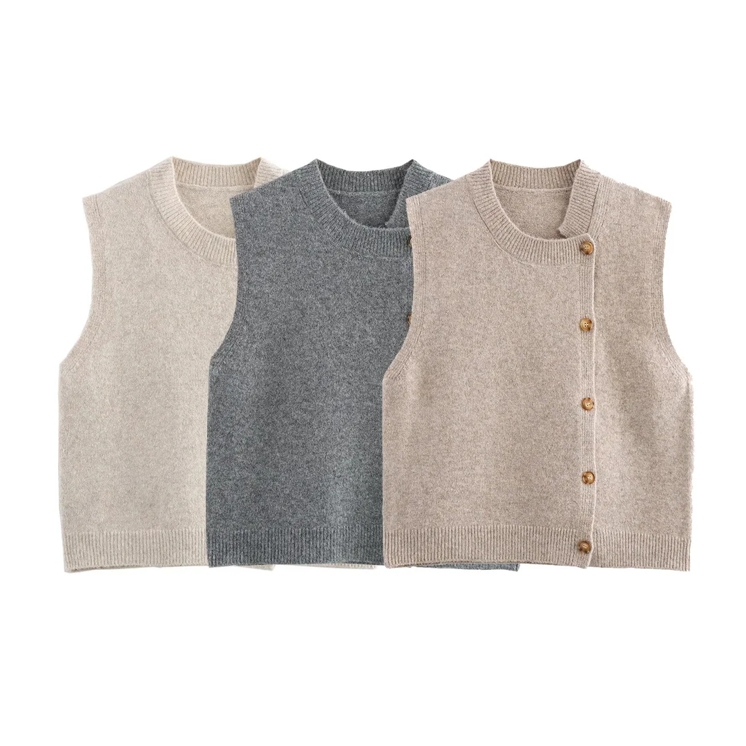 

2025 Spring New Women's Fashion Knitted Vest Office Lady Style Round Neck Button Side placket Knitted Sleeveless Vest