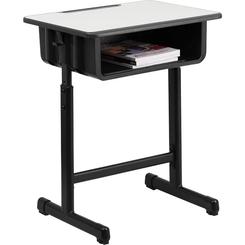 Open Front Student Desk for Classrooms or Remote Learning, Height Adjust School Desk with Book Box and Bag Hooks