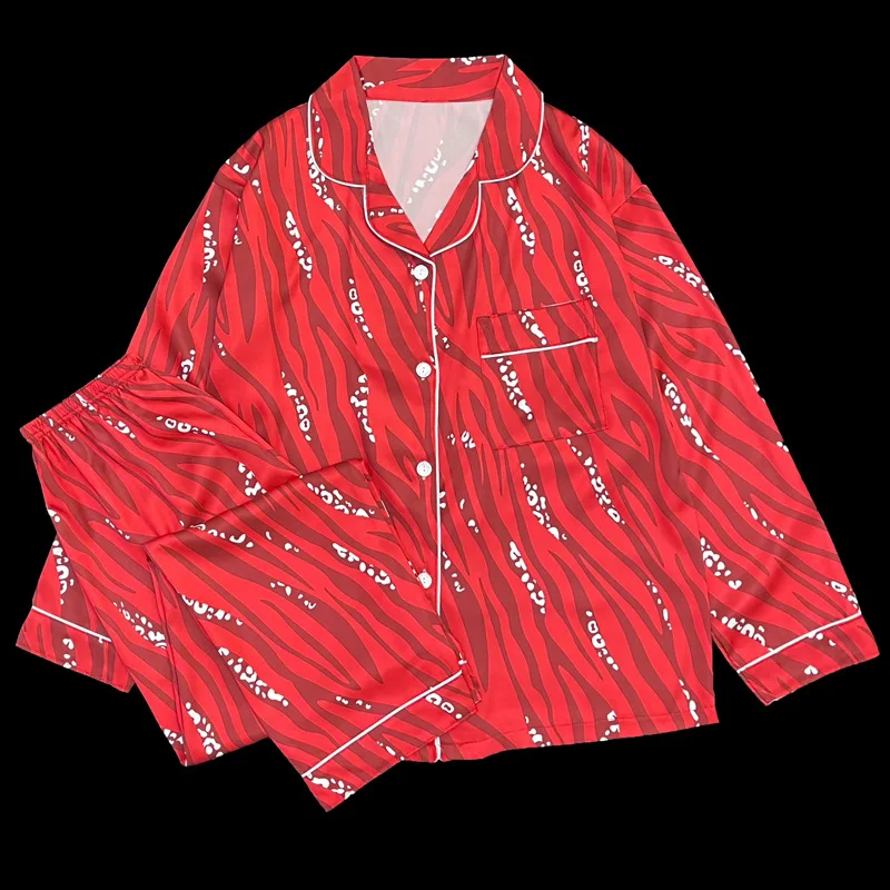 Spring Autumn Satin Silk Pajamas Women\'s Long Sleeved Red Zebra Patterned Cardigan Pajama Lapel Woman Home Clothing