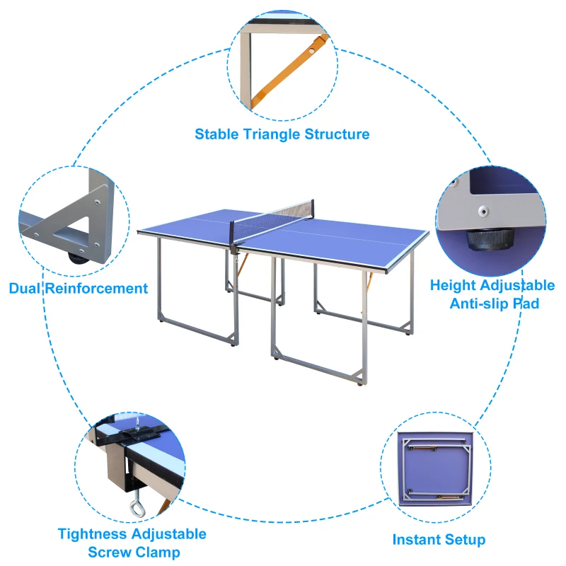 6フィート中型卓球台、折りたたみ式＆ポータブルピンポン卓球台セット、屋内外ゲーム用、ネット、卓球ラケット2個付き