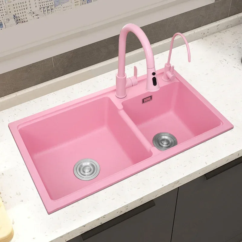 Roze Aanrecht Quartz Stenen Gootsteen Graniet Huishoudelijke Afwassen Dubbele Gootsteen 75*41 CM/78*43 CM/80*45 CM