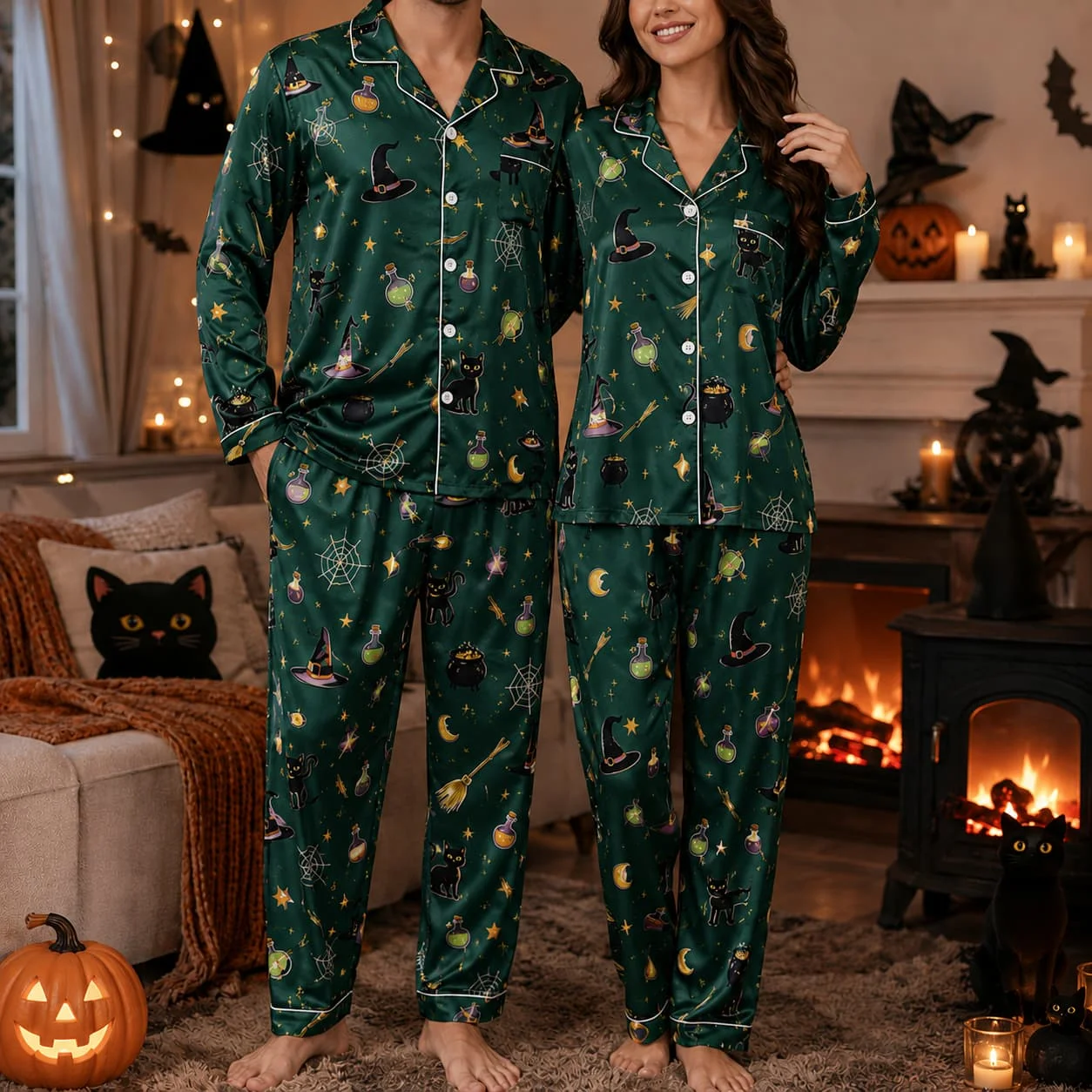 Halloween Witch Cat Potion Set Ice Silk Long Sleeve Long Pants Mens Pajama Set Womens Sleepwear Unisex Loungewear Home Clothing view 4